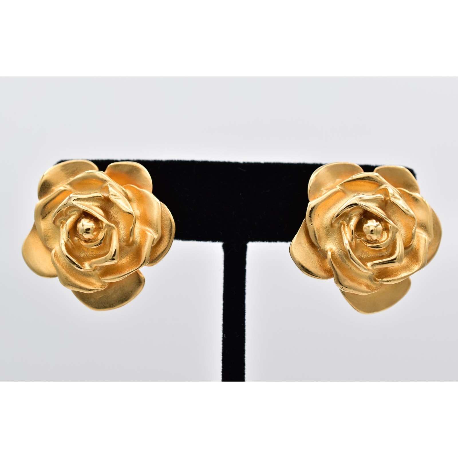 Fernando Originals Vintage Rose Flower Clip On Earrings Brushed Gold Chunky Binh